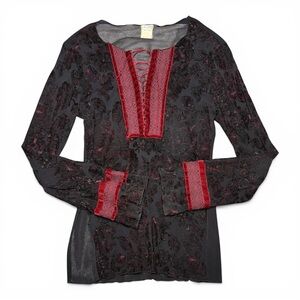 Vintage Aqua Euro Black Red Long Sleeve Top Size Large